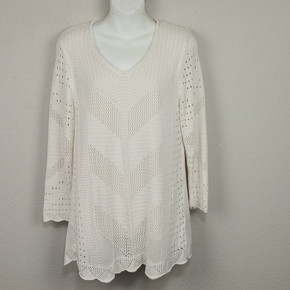 Investments Womens Off White  Crochet Knit Long-sleeve  Sweater sz L Boho